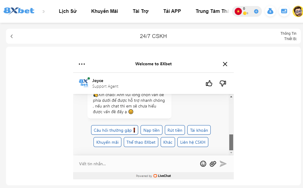 8Xbet Chăm sóc khách hàng